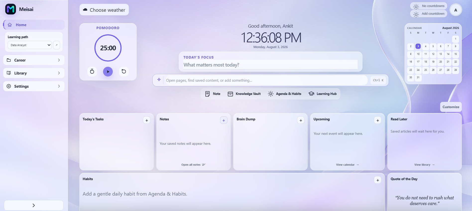 Meisai dashboard showing focus timer, calendar, tasks, notes, weather, and command bar
