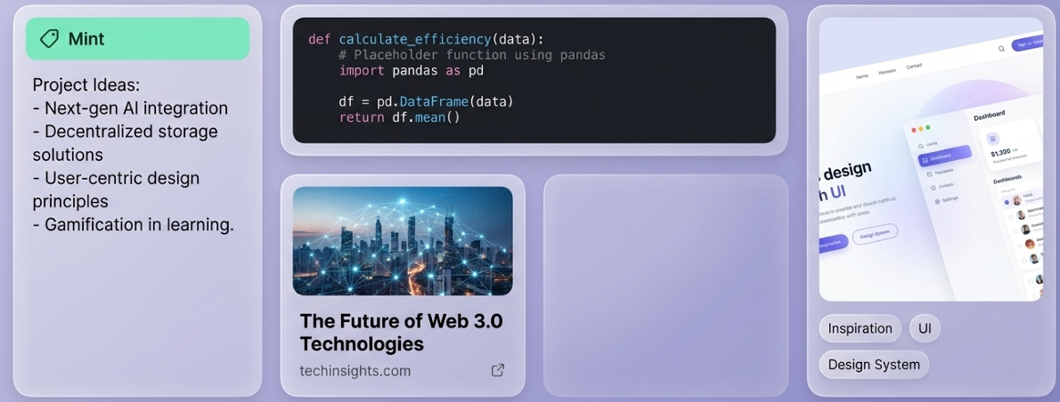 Knowledge Vault with note, code, image, link, and tagged visual cards