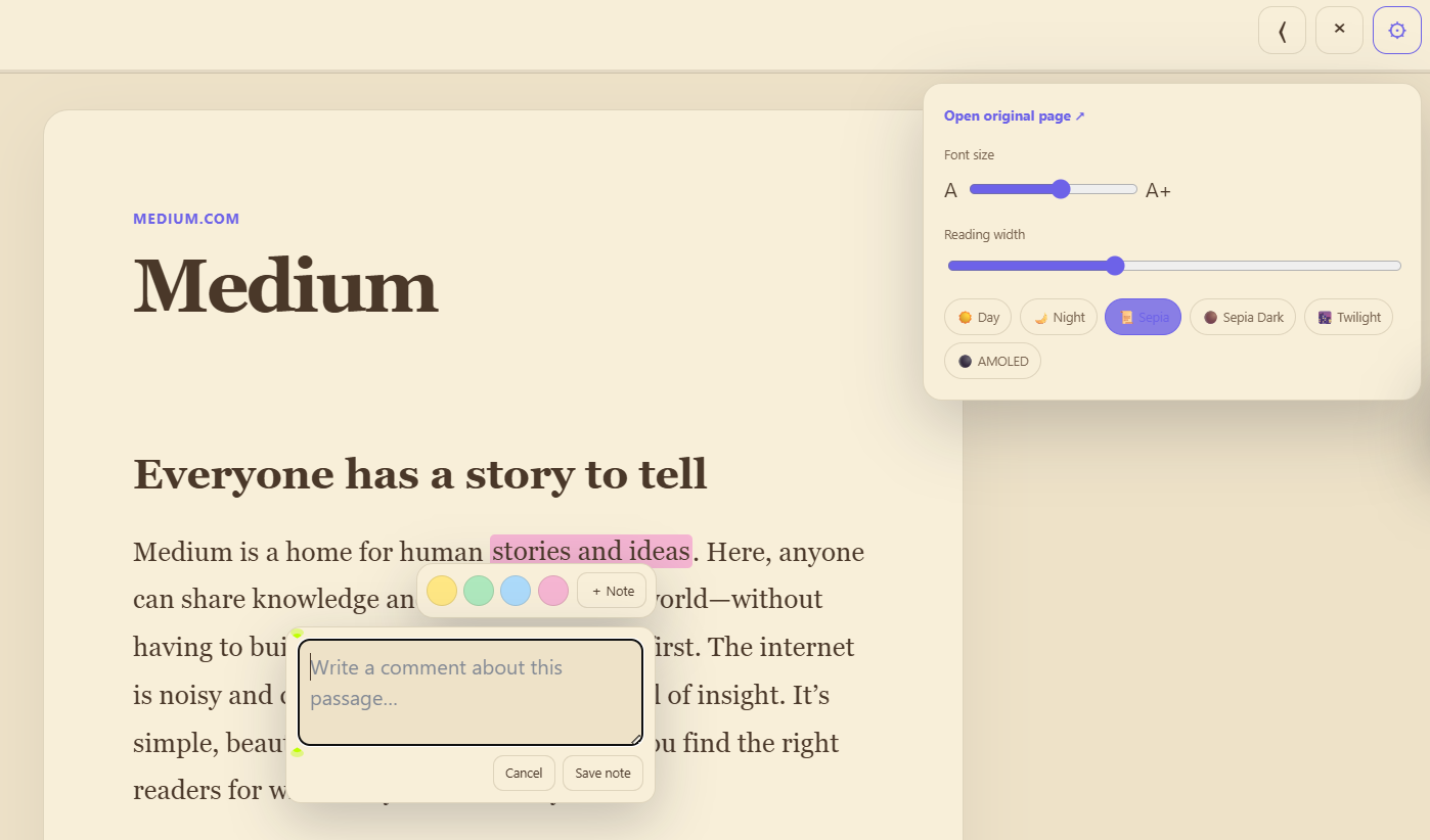 Reading Mode with Sepia theme, reading controls, highlights, and comment note editor
