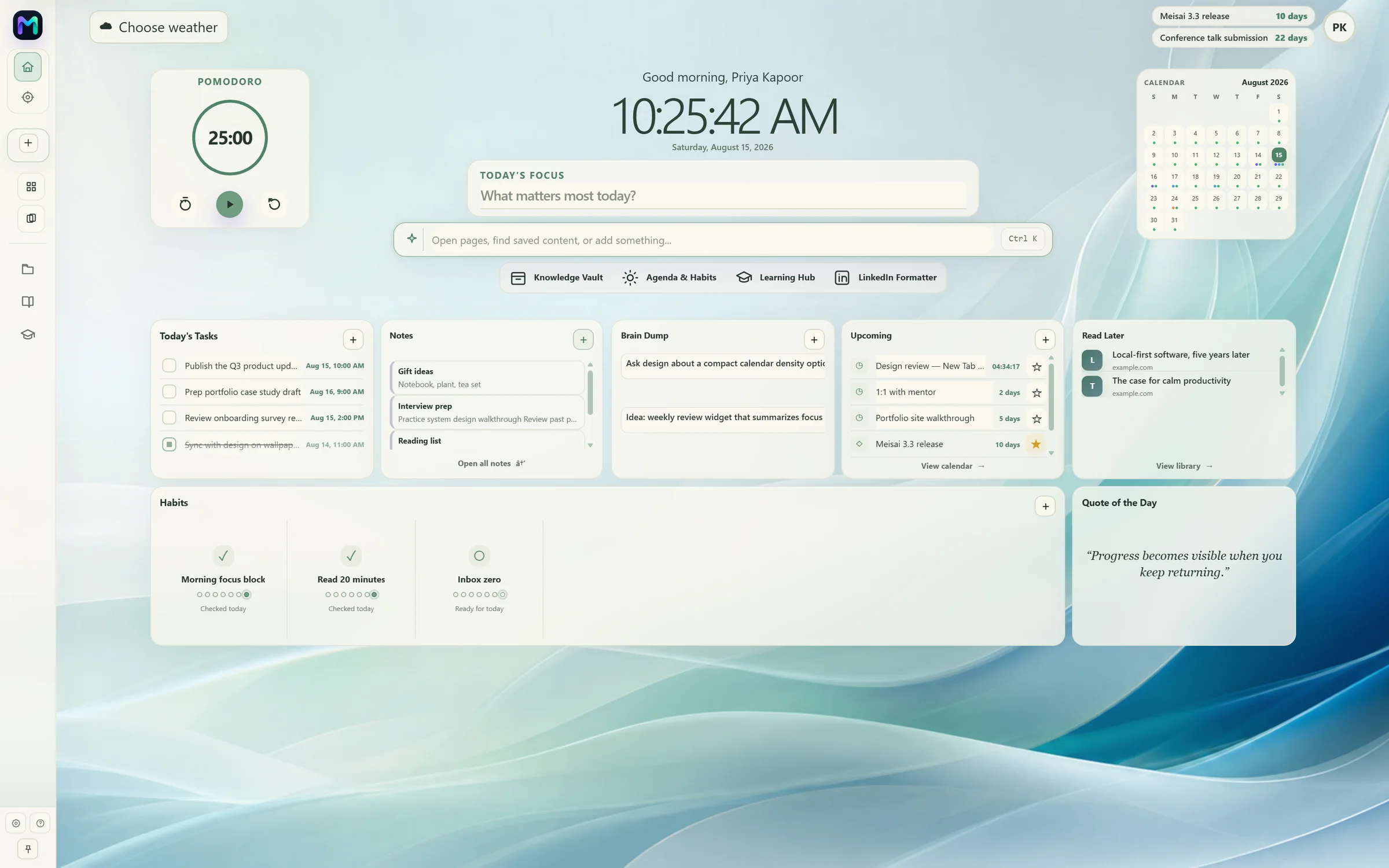Meisai workspace open inside the browser, showing tasks, notes, brain dump, upcoming events, read later, habits, and a focus timer