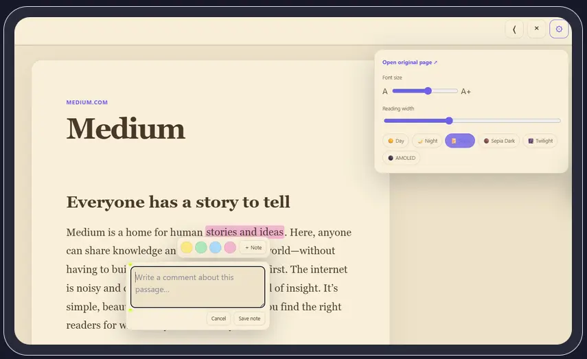 Reading Mode with a passage highlighted and a comment being added