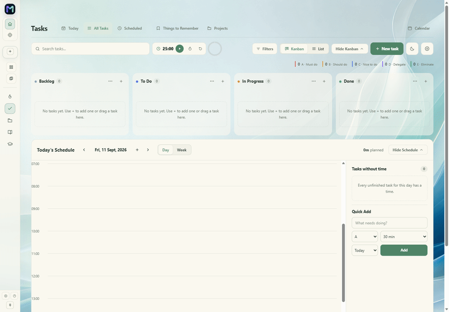 Adding cards to the Meisai Tasks Kanban board and blocking time for them on Today's Schedule