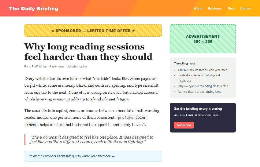 Web Comfort cycling a webpage through Day, Night, Sepia, Twilight, and AMOLED themes while hiding ads and a newsletter popup